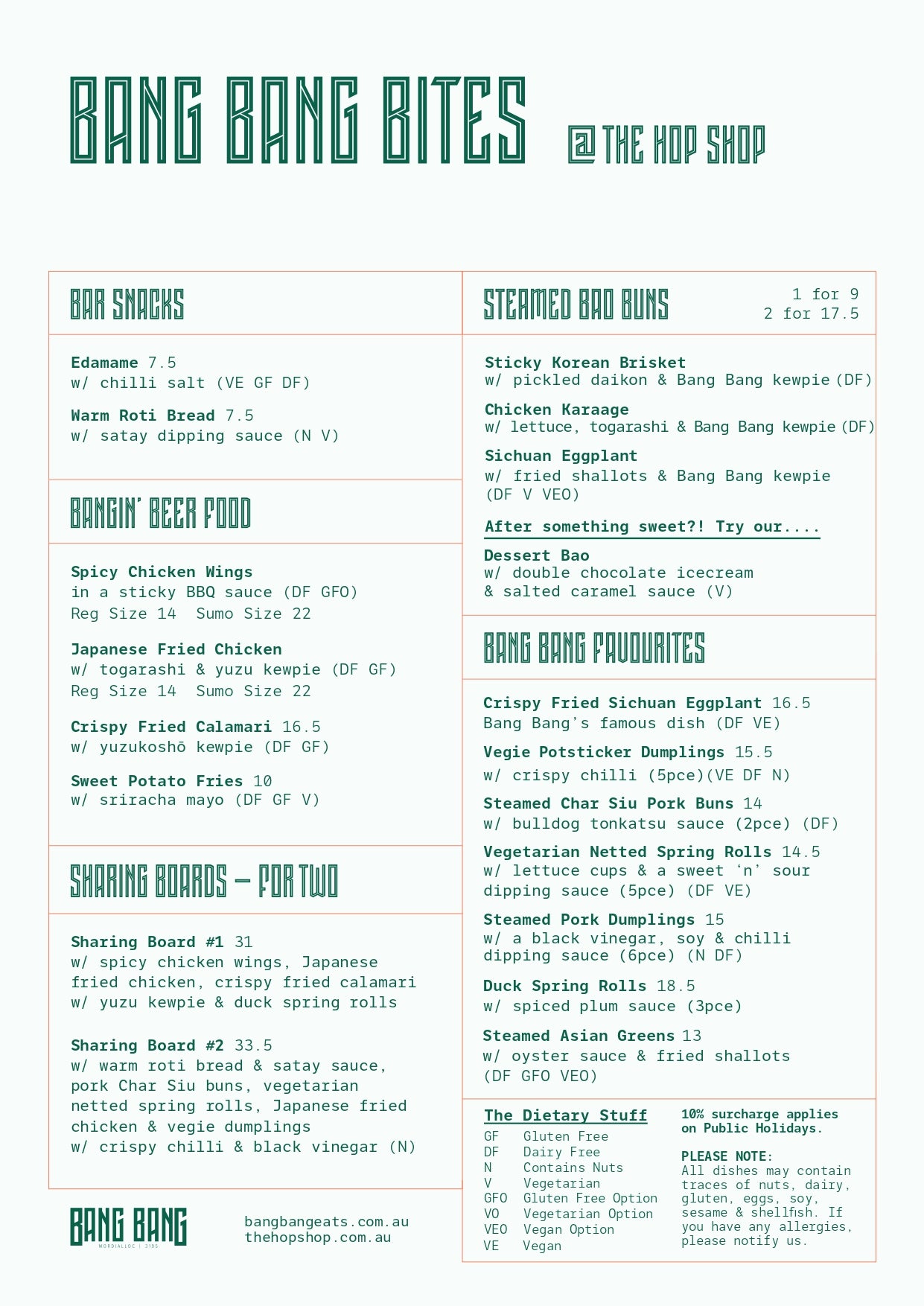 Food menu The Hop Shop